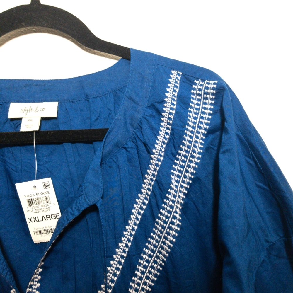 Style and Co. Royal blue embroidered peasant style blouse with tassels. NWT - Picture 2 of 5